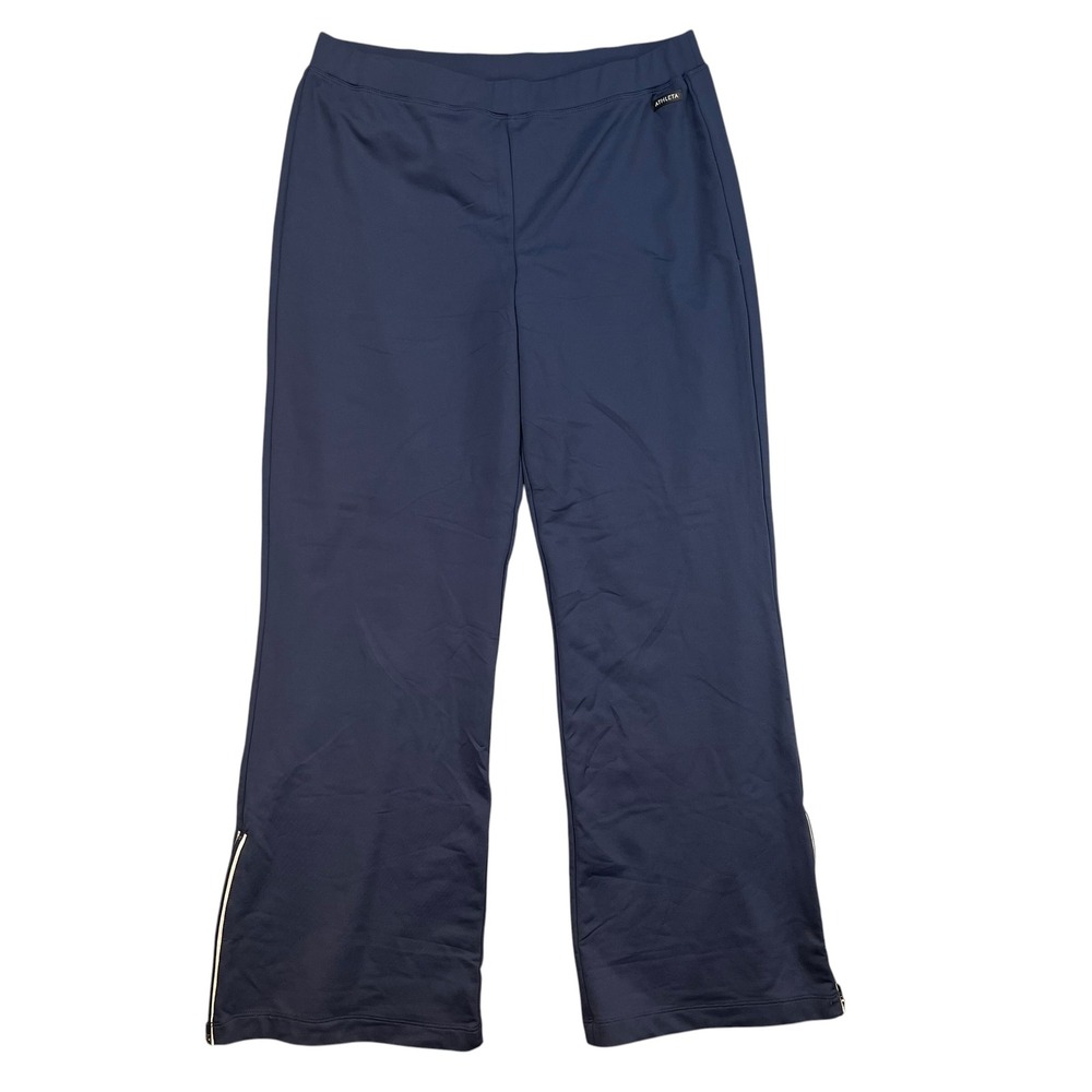 Athleta Womens Navy Blue Wide Leg Athletic Pants Size L Zip Ankle Cuffs Stripe